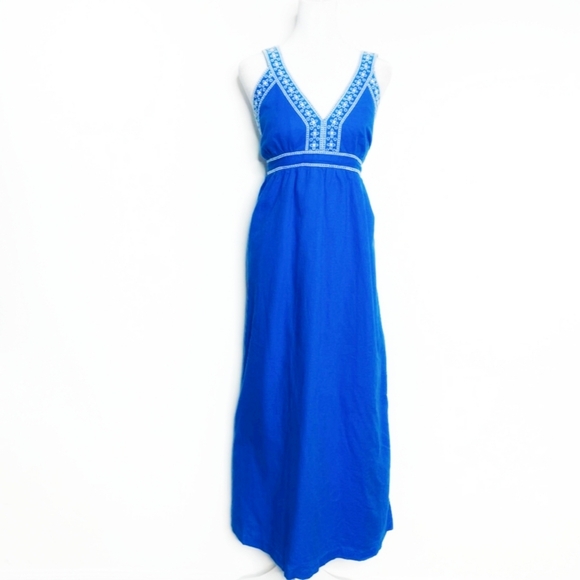 J Crew Dress Maxi Length Sleeveless Royal Blue White Eyelet Detail Linen Cotton - Picture 2 of 12